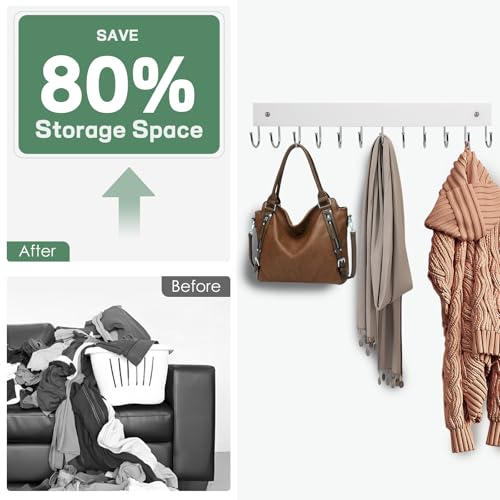 2 Pack Purse Organizer Wall Mount with 24 Rotating 180° Coat Rack, 14.6" Wooden Entryway Purse Holder, Wall Hooks for Hanging Belts, Ties, Keys, Scarf, Bras, Bag, Space Saving Hanger (White) - color: White