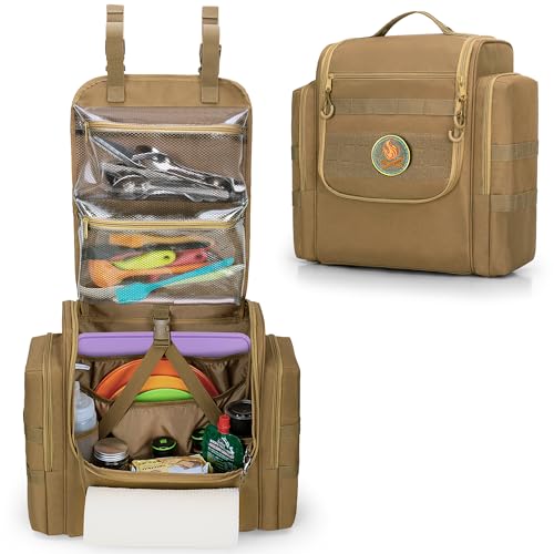 HODRANT Large Tactical Camping Kitchen Organizer, Hanging Cookware Storage Bag with Paper Towel Holder & Multi Pockets, Portable Camp Utensil Organizer for BBQ Cooking Essentials, Khaki, Bag Only - color: Khaki