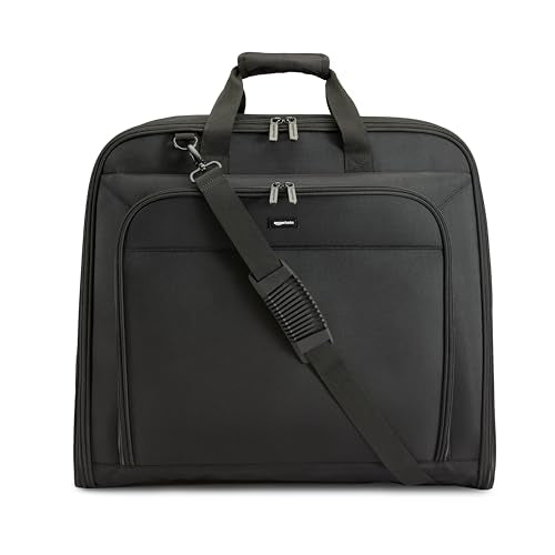 Amazon Basics 43" Travel Garment Bag Travel, Spacious Suit Bag with Detachable Shoulder Strap, Exterior/Interior Pockets, Imitation leather-reinforced Corners, Trifold, Black - color: Black
