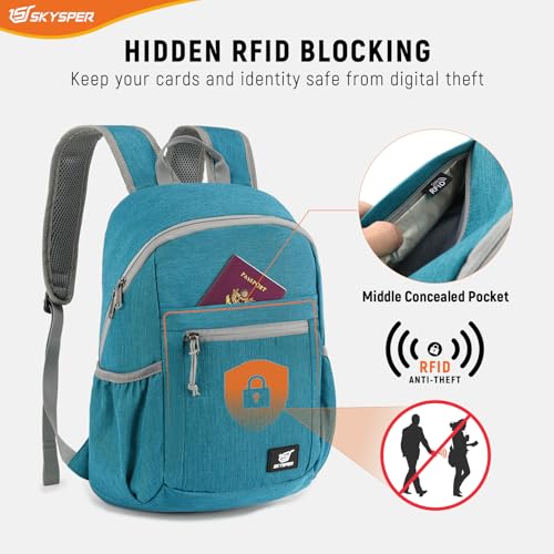SKYSPER Anti Theft Hiking Backpack, 18L RFID Packable Travel Daypack, Lightweight Foldable Back Pack for Walking Daytrip - color: Cyan