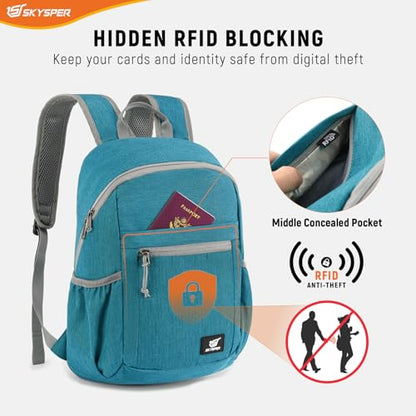 SKYSPER Anti Theft Hiking Backpack, 18L RFID Packable Travel Daypack, Lightweight Foldable Back Pack for Walking Daytrip - color: Cyan