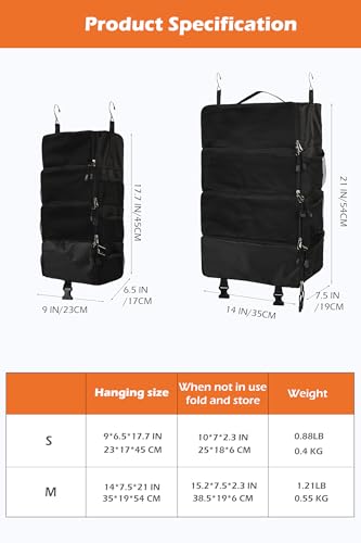 TABITORA Travel Luggage Organizer insert Hanging Packing Cubes for Suitcase Carry on Closet Hanging Shelves Folding(Black,M) - color: Black, size: Medium
