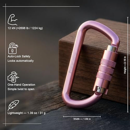FresKaro 3inch 12kN-2698lbs Auto Locking Carabiner Clips, Solid D Shape, Heavy Duty 7075 Aluminum, Lightweight 1.09oz, Rust Proof, for Hammock, Hiking, Dog Leash, Keychain etc., Multi-Colors - color: Pink-2pcs