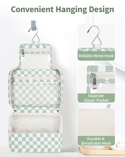 Narwey Small Hanging Travel Toiletry Bag for Women, Travel Bag for Toiletries, Makeup Bag Organizer Cosmetic Bags Make Up Bags for Girls - color: ZA-Mint Green Checkerboard