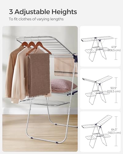 SONGMICS Clothes Drying Rack, Foldable 2-Level Laundry Drying Rack, Free-Standing Laundry Airer, with Height-Adjustable Wings, 33 Drying Rails, Sock Clips, Silver and Blue ULLR53BUV1 - color: Silver + Blue, size: 2 Tiers（22"d x 61.8"w x 64.3''h )