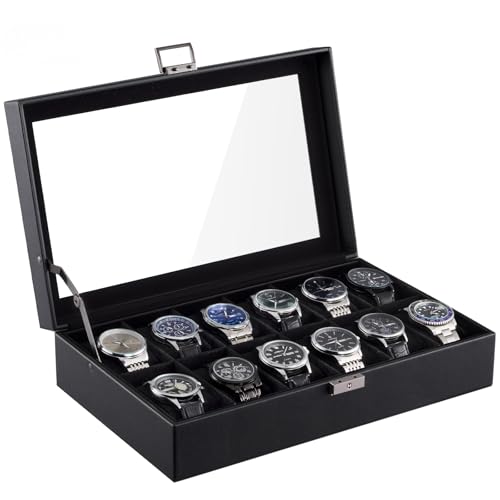 ProCase 12 Slot Watch Case Box for Men, PU leather Man Watch Organizer with Soft Pillow, Lockable Watch Collection Storage Holder with Glass Display Lid, Fathers Day Gift for Dad -AllBlack - color: AllBlack, size: 12-Slot