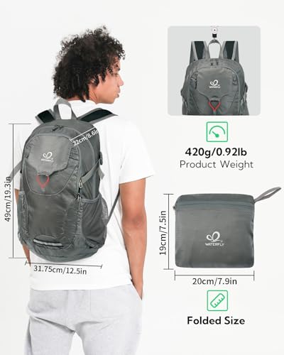 WATERFLY Lightweight Packable Hiking Backpack: 30L Foldable Travel Daypack Ultralight Camping Day Pack for Woman Man Grey - color: Grey