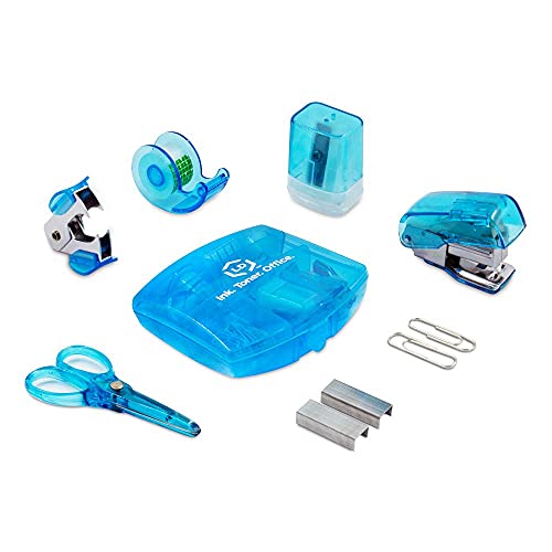 LD Products Blue Mini Office Supply Kit Portable Case with Scissors, Paper Clips, Tape Dispenser Set, Pencil Sharpener, Mini Stapler with Staples and Staple Remover - color: Blue