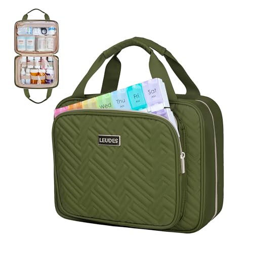 Leudes Travel Pill Bottle Organizer,Medicine Organizer and Storage,Home Medication Bag, Cases,Carrier for Pills,Vitamin,Fish Oil,Supplements for Women and Men (Medium, Army Green) - color: Army Green, size: Medium