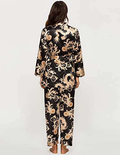Escalier Women's Silk Satin Pajamas Set 3 Pcs Floral Silky Pj Sets Sleepwear Cami Nightwear with Robe and Pant - color: Black, size: XX-Large