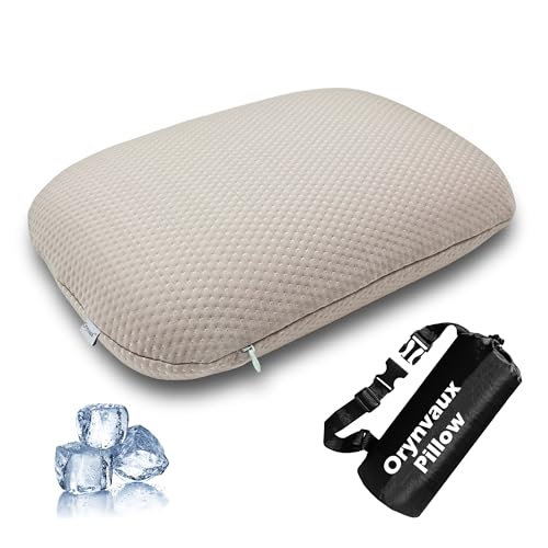 Cooling Camping Pillow, Memory Foam Travel Pillow with Adjustable Buckle Strap & Storage Bag, Compact Small Pillow for Airplane, Car Lumbar, Office, Washable Cooling Cover, Dusk Grey - color: Dusk Grey, size: S-14.9*10.2*3.6in