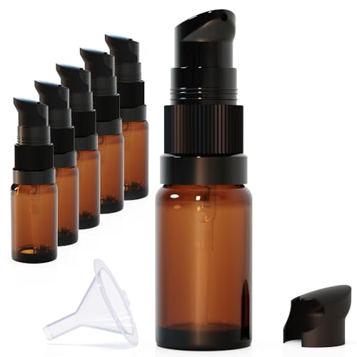 6Pack 10ml Amber Glass Pump Bottle,1/3oz Small Dispenser, Travel Refillable Pump Botttles for Toiletries, Lotions,Sercums,Essential Oils - color: 10ml Amber(6pcs)