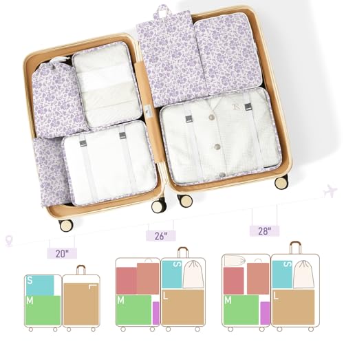 Packing Cubes for Travel - 8 Set Luggage Organizer Bags for Family, Mesh Breathable Packing Cubes for Suitcases Durable Travel Essentials Bags Set - color: Purple Floral