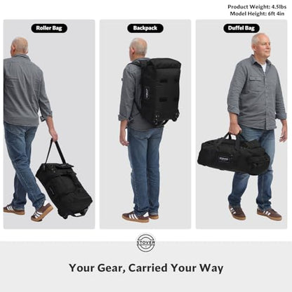 STOVER 45L Carry-On U-Zip Rolling Duffel Bag with Wheels, Medium Durable Travel Duffle w/Toiletry Bag, Heavy-Duty, Packable, Foldable w/Shoulder Straps- Use as Luggage or Backpack, Men/Women (Black) - color: U-Zip Black