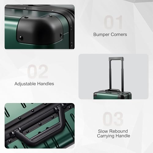 VentureVault All Aluminum Carry On Luggage 22x14x9 Airline Approved，Zipperless Luggage Premium Aluminum Suitcase Luggage, Hard Shell Carry On Luggage with Spinner Wheels (dark green, 20inch) - color: Green, size: 20inch