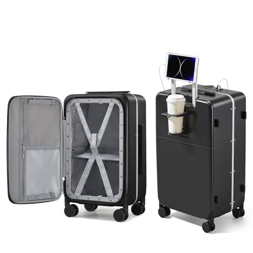 Hanke 20 Inch Carry On Luggage with Cup Holder and USB Charging Port, Top Opening Hard Shell Suitcase with Wheels, Aluminum Frame Trunk Luggage with TSA Lock & Dividers for Travel, Jet Black - color: Jet Black, size: 20 Inch