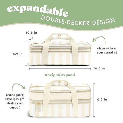 Fit & Fresh Insulated Casserole Carrier - Double Decker Food Carrier Fits Two 9x13 Dishes, Expandable Hot & Cold Food Transport Bag with Zipper Pocket for Potluck, Easter & Travel, Taupe Stripe - color: Pina Colada Stripe