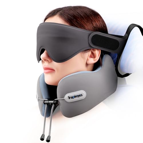 Inspireyes Neck Pillow, Travel Pillow with Seat Strap, 3D Sleep Mask, Dual Support Neck Head, High Supportive Foam Airplane Pillow for Long Flight, Stop Bobblehead Travel Essential, Light Grey - color: Light Grey