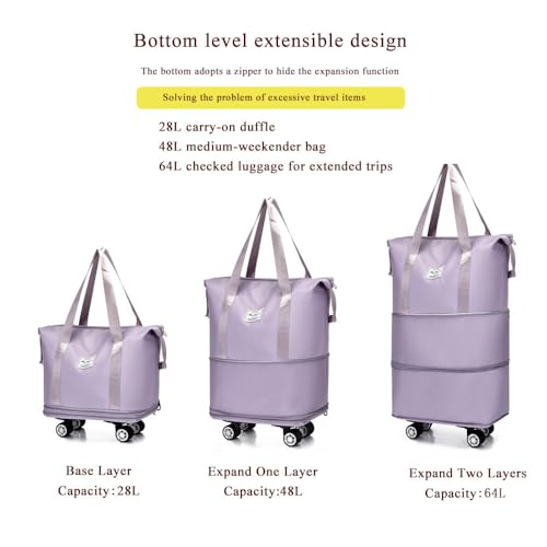 Expandable Foldable Duffel Bag with Detachable Wheels, 64L Large Capacity Rolling Travel Duffle Bag, Lightweight Carry on Luggage with Spinner Wheels, Weekend Gym Tote Bag (Light Purple) - color: Light Purple