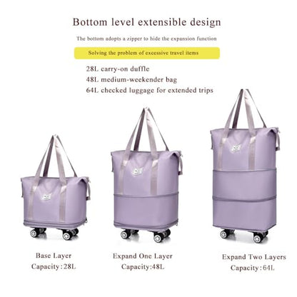 Expandable Foldable Duffel Bag with Detachable Wheels, 64L Large Capacity Rolling Travel Duffle Bag, Lightweight Carry on Luggage with Spinner Wheels, Weekend Gym Tote Bag (Light Purple) - color: Light Purple