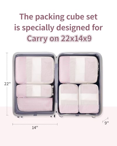 Narwey 6 Set Compression Packing Cubes for Travel Women Men, Travel Cubes for Carry On Suitcase, Durable Compression Luggage Organizer Bags - color: ZY-Dusty Pink Stripe
