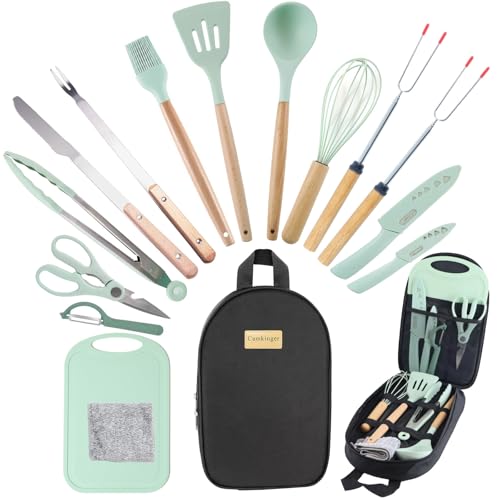 Camping Accessories Kitchen Cooking Utensils Set - Portable Outdoor Camp Cookware Set, Silicone Camper Essentials Gear Must Have Supplies for Travel RV BBQ Grill Picnic Hiking - color: 15PCS Green