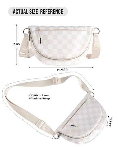 Crescent Bag for Women and Men, Fashion Medium Nylon Folding Crescent Moon Bag Single Shoulder Bag with Adjustable Strap - color: Crossbody bag- Beige Checkered