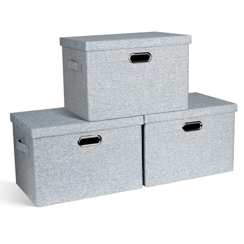 Graciadeco Large 17" 36 Quart Collapsible Stackable Storage Bins with Lids, 3 Packs Blue-Grey Linen Fabric Closet Boxes with Lids, Storage Cube Baskets Container Organizers for Bedroom (17x12x11) - color: Blue-Grey, size: Large -3 Pack