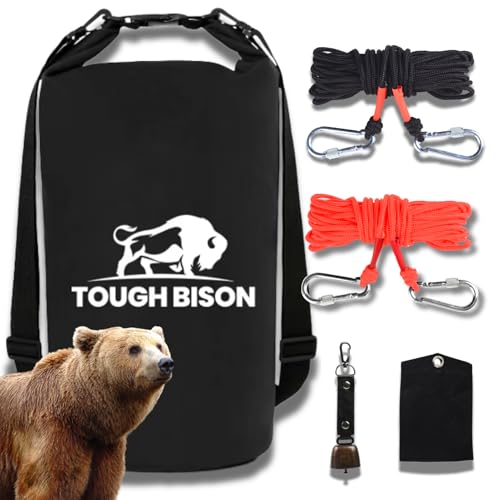 Tough Bison Bear Bag Hanging Kit - 10L Waterproof Bear Proof Food Storage Bag, 2 Straps, Rock Sack & 2 Ropes with 4 Safety Clips for Hiking, Kayaking, Camping, Outdoor Adventures