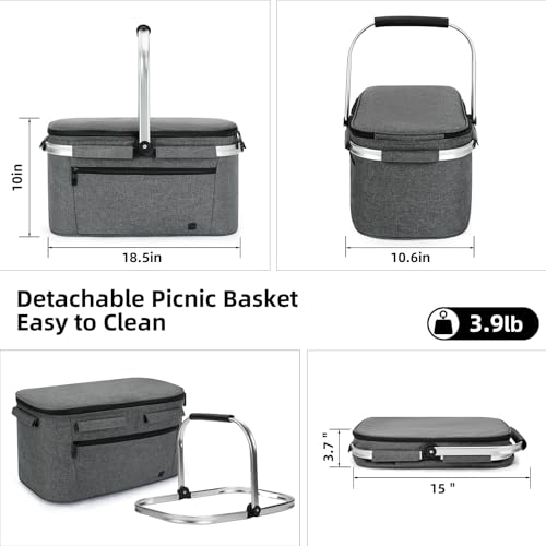 ALLCAMP Picnic Basket - 2 Ice Box Included 32L Insulated Cooler, Thickening Foldable Picnic Basket with Removable Baskets & Sewn-in Frame, Basket for House Warming Gifts New Home(Smoke Gray) - color: Smoke Gray, size: Large