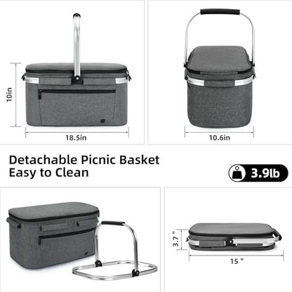 ALLCAMP Picnic Basket - 2 Ice Box Included 32L Insulated Cooler, Thickening Foldable Picnic Basket with Removable Baskets & Sewn-in Frame, Basket for House Warming Gifts New Home(Smoke Gray) - color: Smoke Gray, size: Large