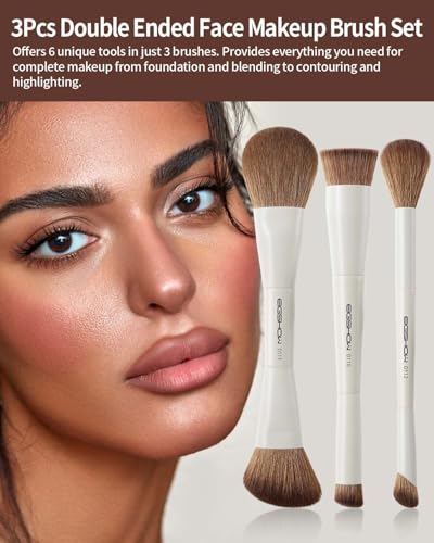 EIGSHOW Makeup Brush Set, 3Pcs Double Ended Face Makeup Brushes for Foundation Powder Contour Highlight Concealer Nose Shadow, Travel Gift Set (Beige) - color: Beige