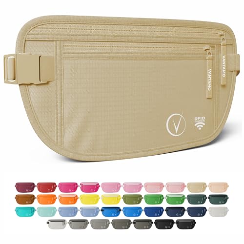 Vantamo Money Belt with RFID For Men & Women, Hidden Passport Holder for Travel, 2 Compartment Travel Fanny Pack for Women Anti Theft - color: Khaki