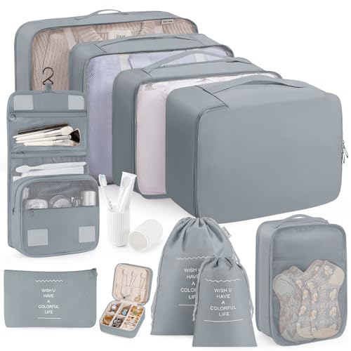 Packing Cubes 11 Set, Suitcase Organizers, Luggage Organizer Bags for Travel, Packing Cubes for Travel, with Toiletry Bag Essentials,Gray - color: Gray