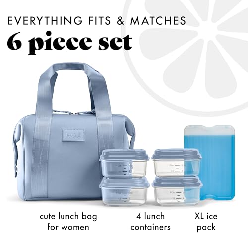 Fit & Fresh Remi Lunch Bag for Women Work – Neoprene Lunch Tote with Containers & Ice Pack, Reusable Meal Prep Lunch Box, Large Capacity, Machine Washable, Slate - color: Blue