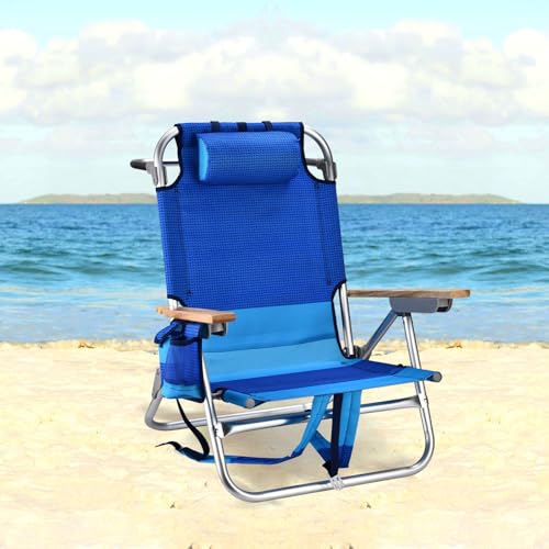 Backpack Beach Chairs for Adults Capacity 300 LBS Low 5 Position Beach Chair with Pouch Straps Folding Lightweight Reclining Aluminum Wide Lay Flat Single - color: 10in Wood Blue 1 Pack