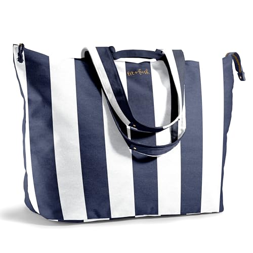 Fit & Fresh XL Beach Tote Bag for Women – XL Travel Tote with Zipper & Pockets, Oversized Canvas Pool Bag, Weekender Carry-On - color: Navy