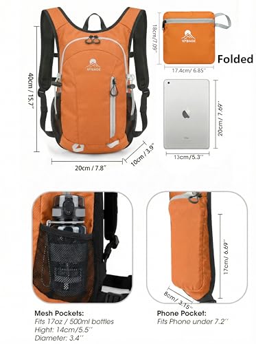 Foldable Small Hiking Backpack with 3 Strap Pockets – Lightweight 300D Spill-proof Daypack for Men Women – Packable Small Travel Backpack with Chest Strap & Trekking Pole Holder – Durable Outdoor Bag - color: Orange-