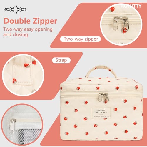 honitty Makeup Bag,Quilted Cosmetic Bags,Large Floral Make Up Organize bag,Makeup Bag Set for Women,Flower Travel Toiletry Bag - color: Strawberries