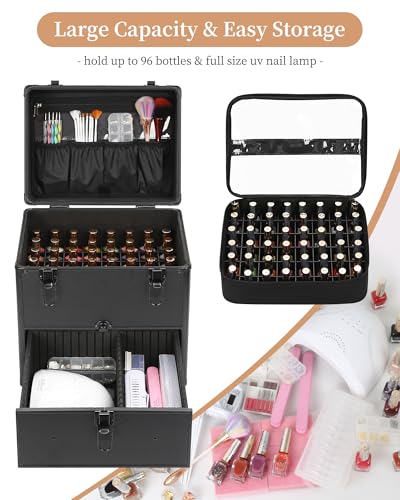 Professional Nail Polish Organizer & Storage Case, Double Layer Travel Nail Supplies Container Holds 96 Bottles & Full Size Nail Lamp, Multi-functional Aluminum Box for Nail Tech, Tattoo & Makeup