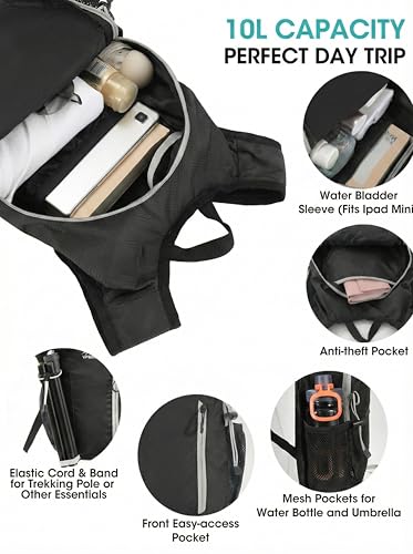 Foldable Small Hiking Backpack with 3 Strap Pockets – Lightweight 300D Spill-proof Daypack for Men Women – Packable Small Travel Backpack with Chest Strap & Trekking Pole Holder – Durable Outdoor Bag - color: Black