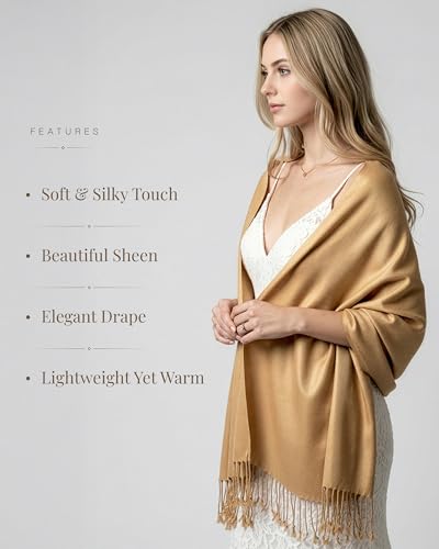 Achillea Lightweight Pashmina Scarf for Women – Soft Silky Shawl Wrap for Evening Dresses, Bridesmaids & Everyday Wear - color: Camel