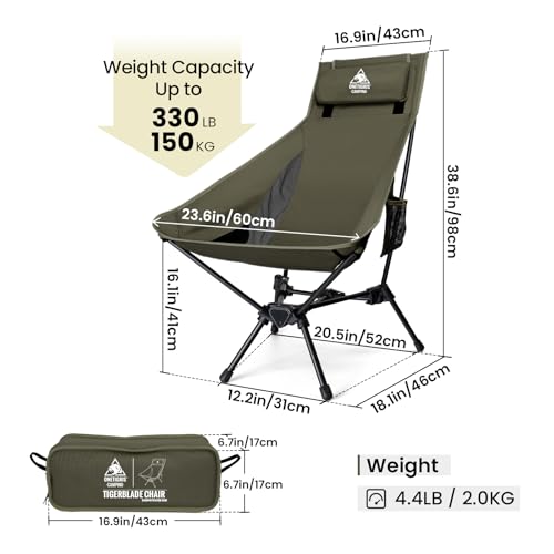ONETIGRIS Tigerblade High Back Camping Chair with Pillow Design, Comfortable Widened Seat Folding Chair - color: Ranger Green