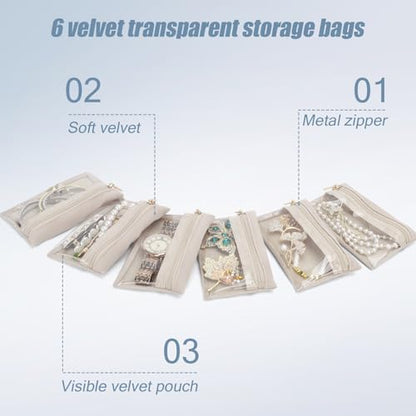 DesignSter Small Jewelry Box, Travel Small Jewelry Organizer with Earring Tray and Ring Holder, Square Travel Jewelry Storage Case with 6 Velvet Jewelry Pouches, Blue Gray - color: Blue Gray