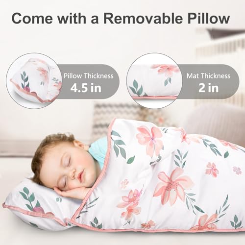 Primlect Thickened Toddler Nap Mat with Removable Pillow and Minky Blanket, Extra Large 55''x35'' Sleeping Bag, Washable, Roll up, Perfect for Daycare, Preschool, Kindergarten, Boys and Girls Flowers - color: Pink Flower Upgraded