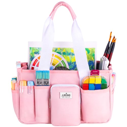 Jjring Craft Organizer Tote Bag, Portable Art Caddy with Adjustable Divider&Secure Zipper Pocket, Foldable Storage Tote for Scrapbooking, Sewing, Artist and Home(Pink) - color: Pink, size: Small