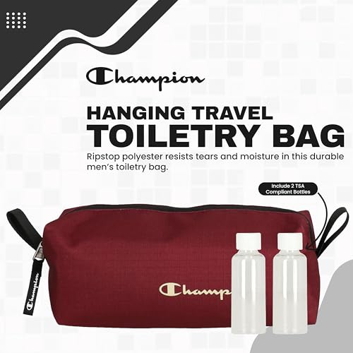 Champion - Hanging Toiletry Bag - Travel Sized Polyester Bag — Water-Resistant, Cosmetics Organizer Bag with Two Compliant Bottles - Lightweight Portable Zipped Bag for Unisex – Red- 10"x3.9"x3.9" - style: Red