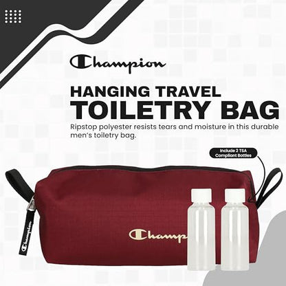 Champion - Hanging Toiletry Bag - Travel Sized Polyester Bag — Water-Resistant, Cosmetics Organizer Bag with Two Compliant Bottles - Lightweight Portable Zipped Bag for Unisex – Red- 10"x3.9"x3.9" - style: Red
