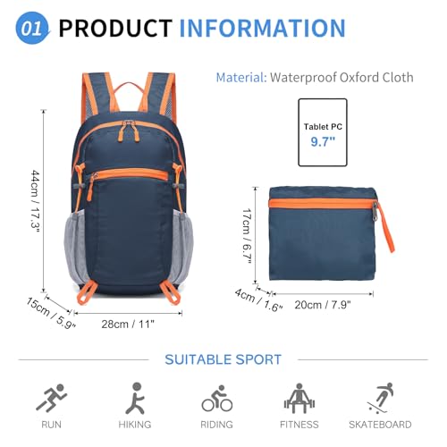 Hiking Daypack Packable, Camping Backpack Water Resistant Lightweight Polyester for Men Women Travel Outdoor - color: Dark Blue