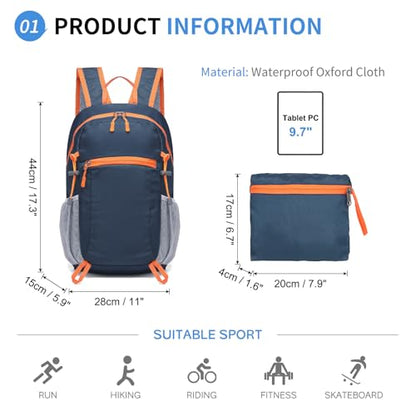 Hiking Daypack Packable, Camping Backpack Water Resistant Lightweight Polyester for Men Women Travel Outdoor - color: Dark Blue